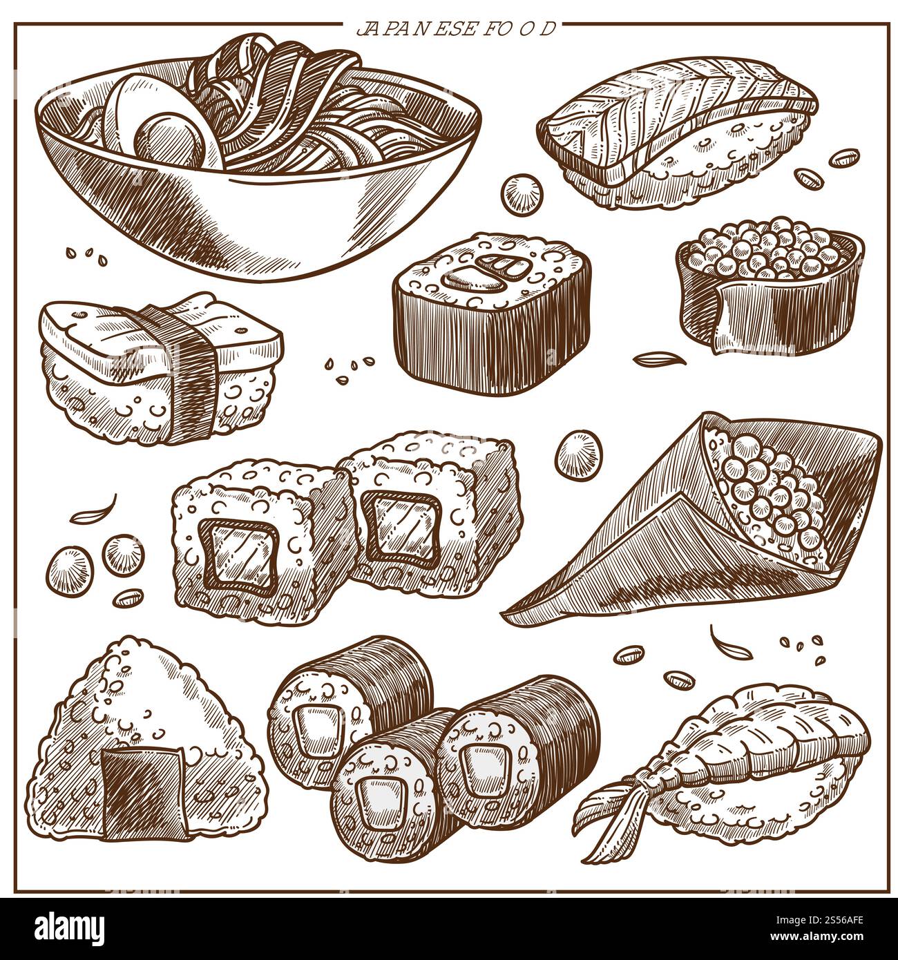 Japanische Küche skizziert traditionelle Gerichte Ikonen. Vektor-Set aus Sushi-Brötchen, Tempura-Garnelen oder Garnelen und Meeresfrüchtereis, Miso-Nudeln und Tofu mit Lachsfisch oder Frühlingsbrötchen und Kaviar. Japanische Küche skizziert Vektorsymbole Set aus Sushi, Nudeln und traditionellen Gerichten Stock Vektor