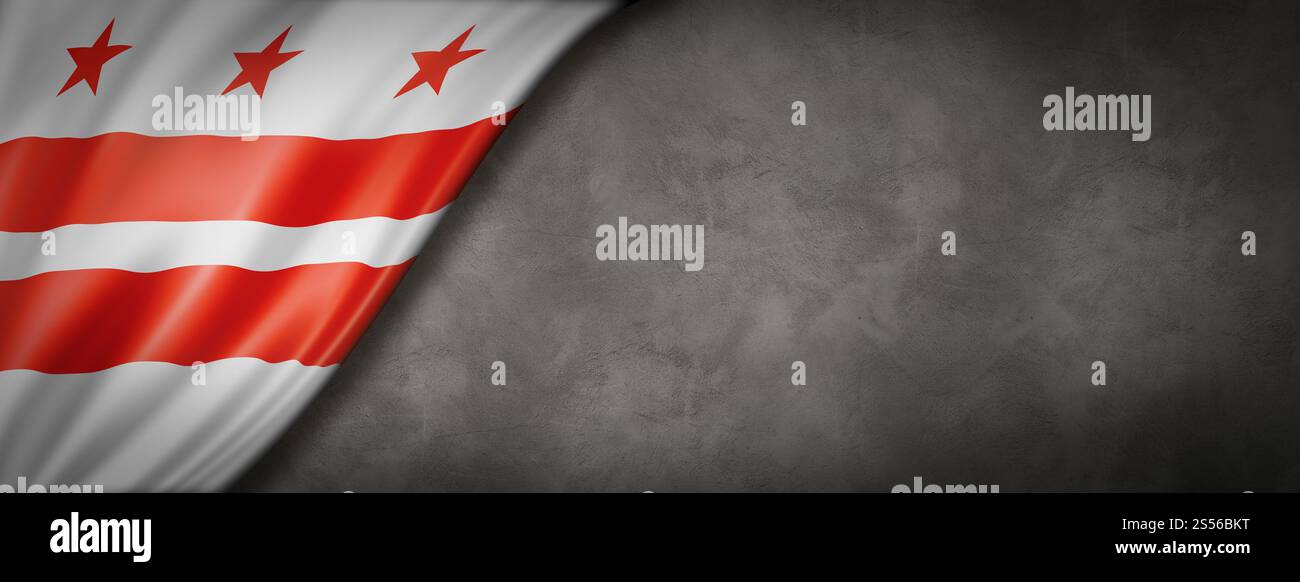 Washington, District of Columbia Flagge auf Betonwänden, USA. 3D-Abbildung. Washington, District of Columbia Flagge auf Betonwänden, Stockfoto