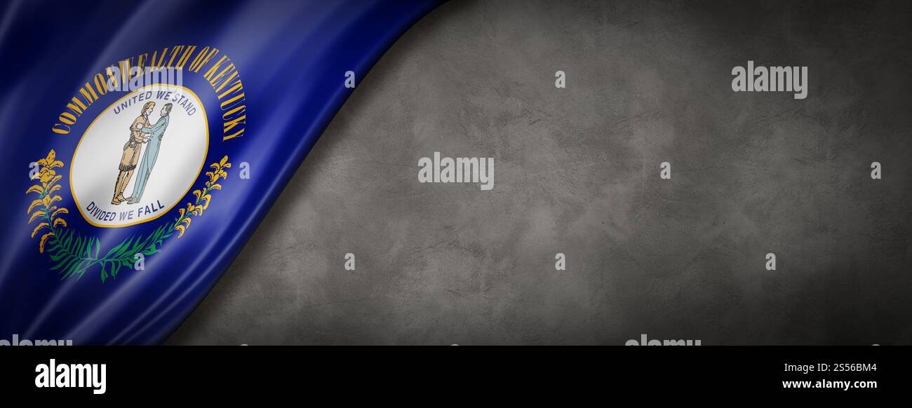 Kentucky-Flagge auf Betonwänden, USA. 3D-Abbildung. Kentucky-Flagge auf Betonwänden, USA Stockfoto