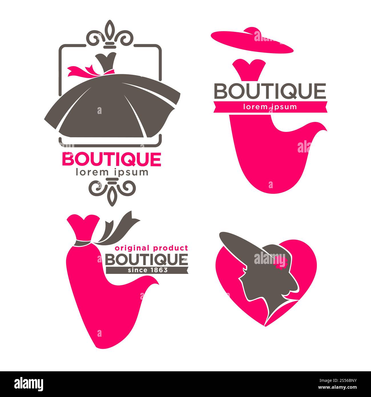 Logovorlagen für Modekleider, Boutique- oder Woman Tailor Salon. Vektor isolierte Retro-Ikonen von rosa Hochzeitskleid und Hut mit Schnürsenkeln für Modeatelier oder Premium Schneiderei Shop. Kleid Boutique oder Mode Kleid und Hut Atelier Salon Vektor Icons Set Stock Vektor