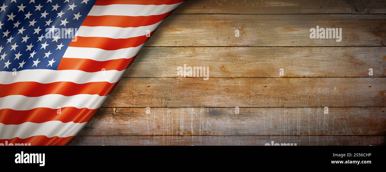 USA-Flagge auf Vintage-Holzwand. Horizontales Panorama-Banner. US-Flagge auf Vintage-Holzbanner Stockfoto