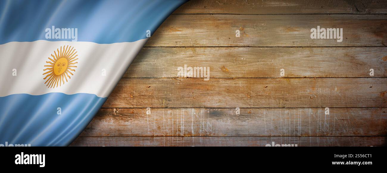 Argentinische Flagge auf Vintage-Holzwand. Horizontales Panorama-Banner. Argentinische Flagge auf Vintage-Holz-Wandbanner Stockfoto