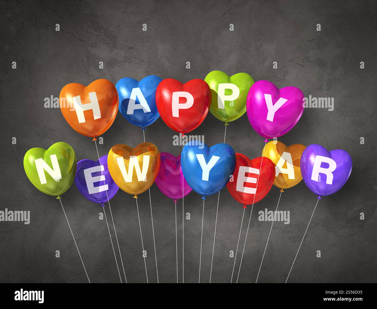 Farbenfrohe, herzförmige Luftballons auf dunklem Betonhintergrund. 3D-Illustrationen rendern. Farbenfrohe Happy New Year in Herzform Stockfoto