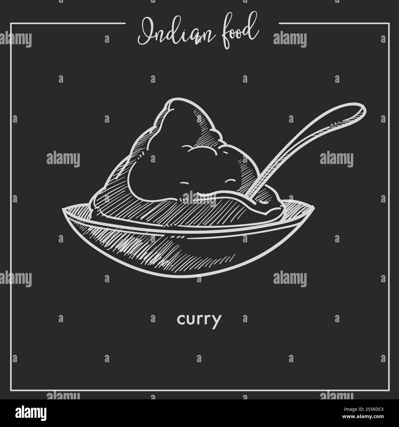 Berühmte pikante Currysauce aus traditionellem indischem Essen. Aromatische dickflüssige Schale von gedünstetem Gemüse mit Gewürzen in Schüssel mit Löffel isolierte Karikatur flache monochrome Vektor-Illustration. Berühmte scharfe pikante Currysauce aus traditionellem indischem Essen Stock Vektor