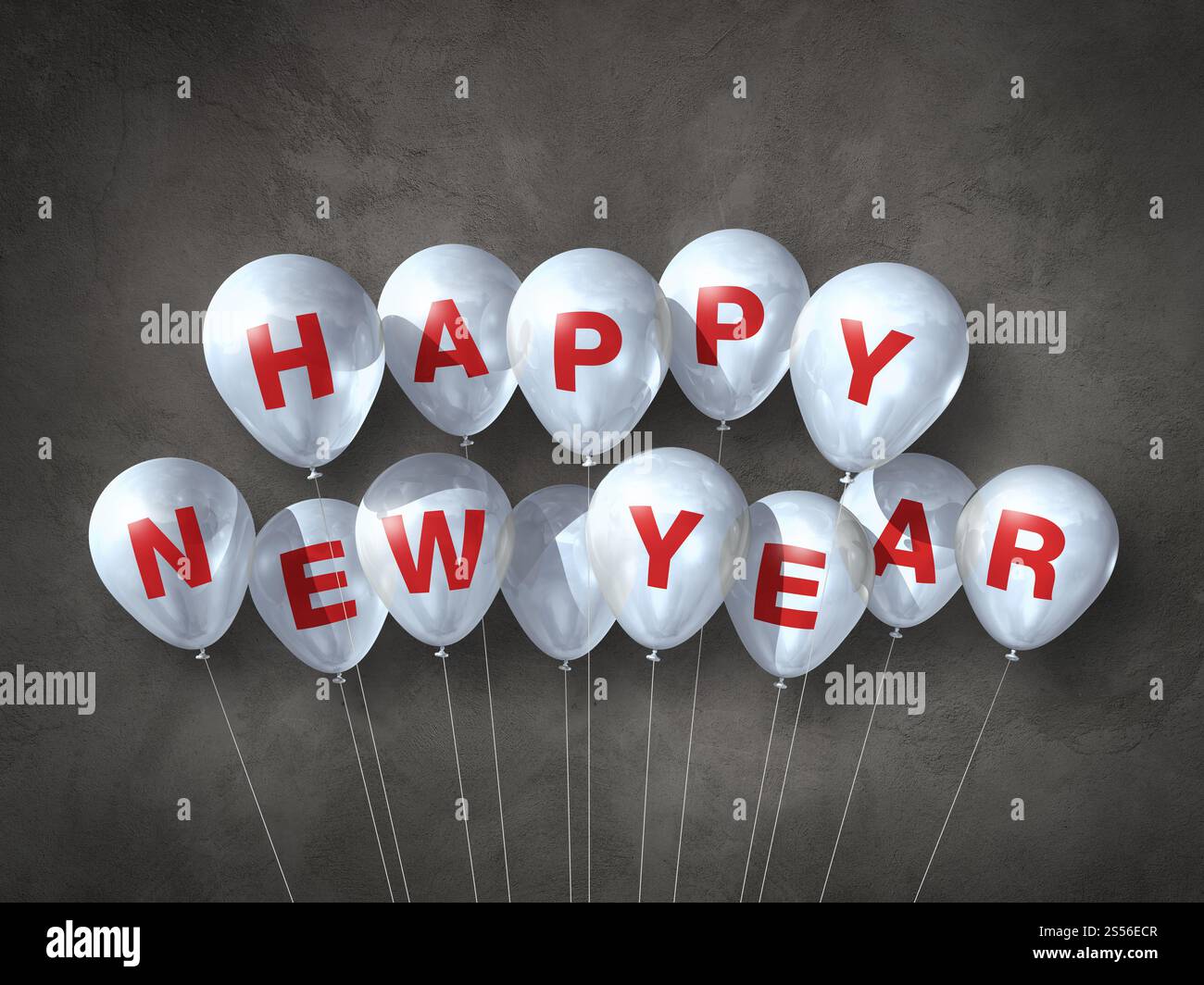 Weiße Luftballons für das neue Jahr auf dunklem Betonhintergrund. 3D-Illustrationen rendern. Weiße Luftballons für das neue Jahr auf dunklem Beton Stockfoto