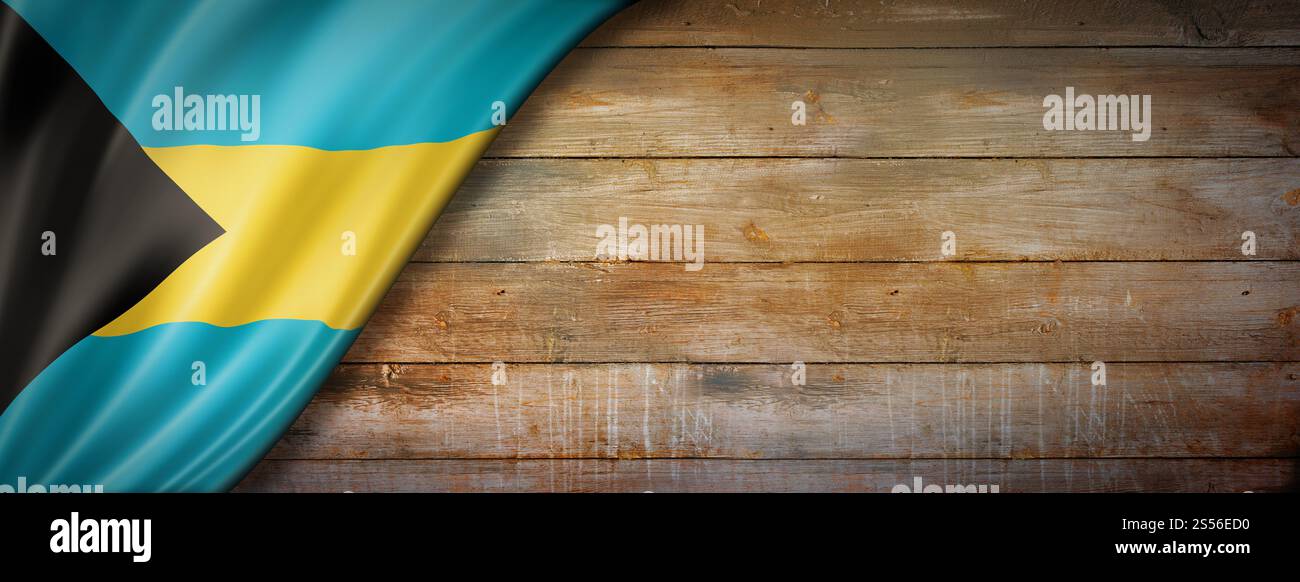 Bahamas-Flagge auf Vintage-Holzwand. Horizontales Panorama-Banner. Bahamaische Flagge auf Vintage-Holz-Wandbanner Stockfoto