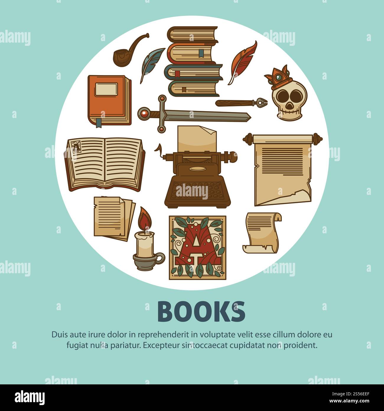 Buchposter für Buchhandlungen oder Buchhandlungen mit Vintage-Büchern und Poesie-Schreibwaren oder Bibliotheksromanen oder -Romanen. Vektor-Design von Rarität Schreibmaschine und Schriftsteller Rauchen Pfeife oder Tragödie Schädel und Kerze. Poesie Bücher Poster mit Schreibtischfeder und Schreibwaren oder Detektiv rauchende Pfeife Stock Vektor