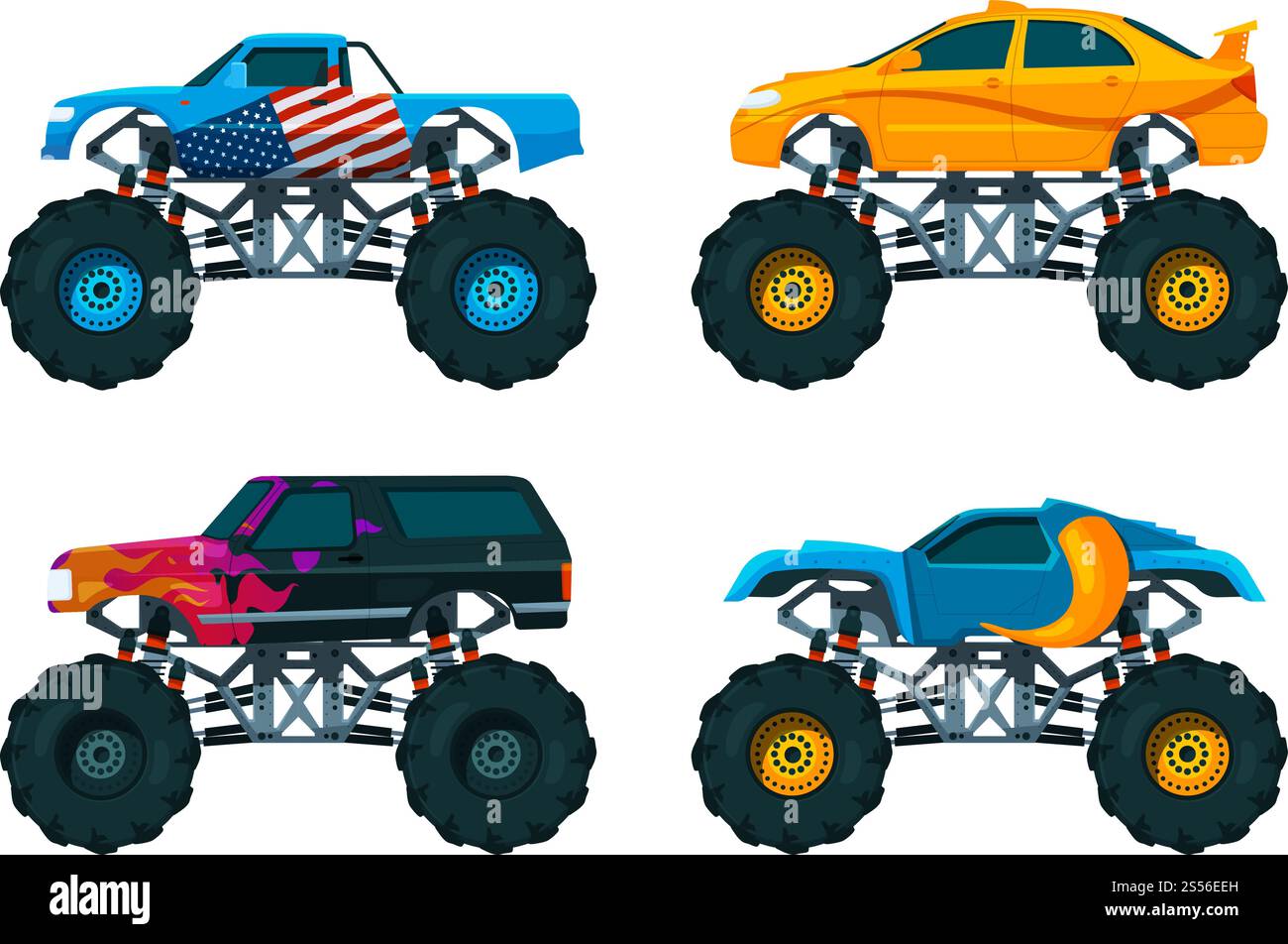Stell große Monster Truck Autos. Vektorbilder Set Auto Monster, große 4x4 Transport, Offroad Auto Illustration. Stell große Monster Truck Autos. Vektorbildsatz Stock Vektor