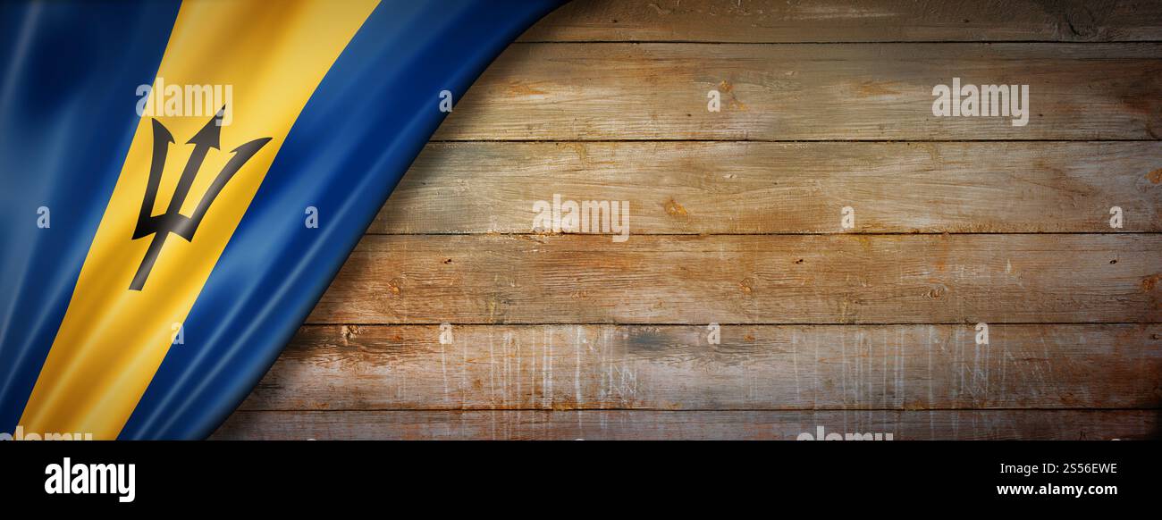 Barbados-Flagge auf Vintage-Holzwand. Horizontales Panorama-Banner. Barbados Flagge auf Vintage Holz Wandbanner Stockfoto