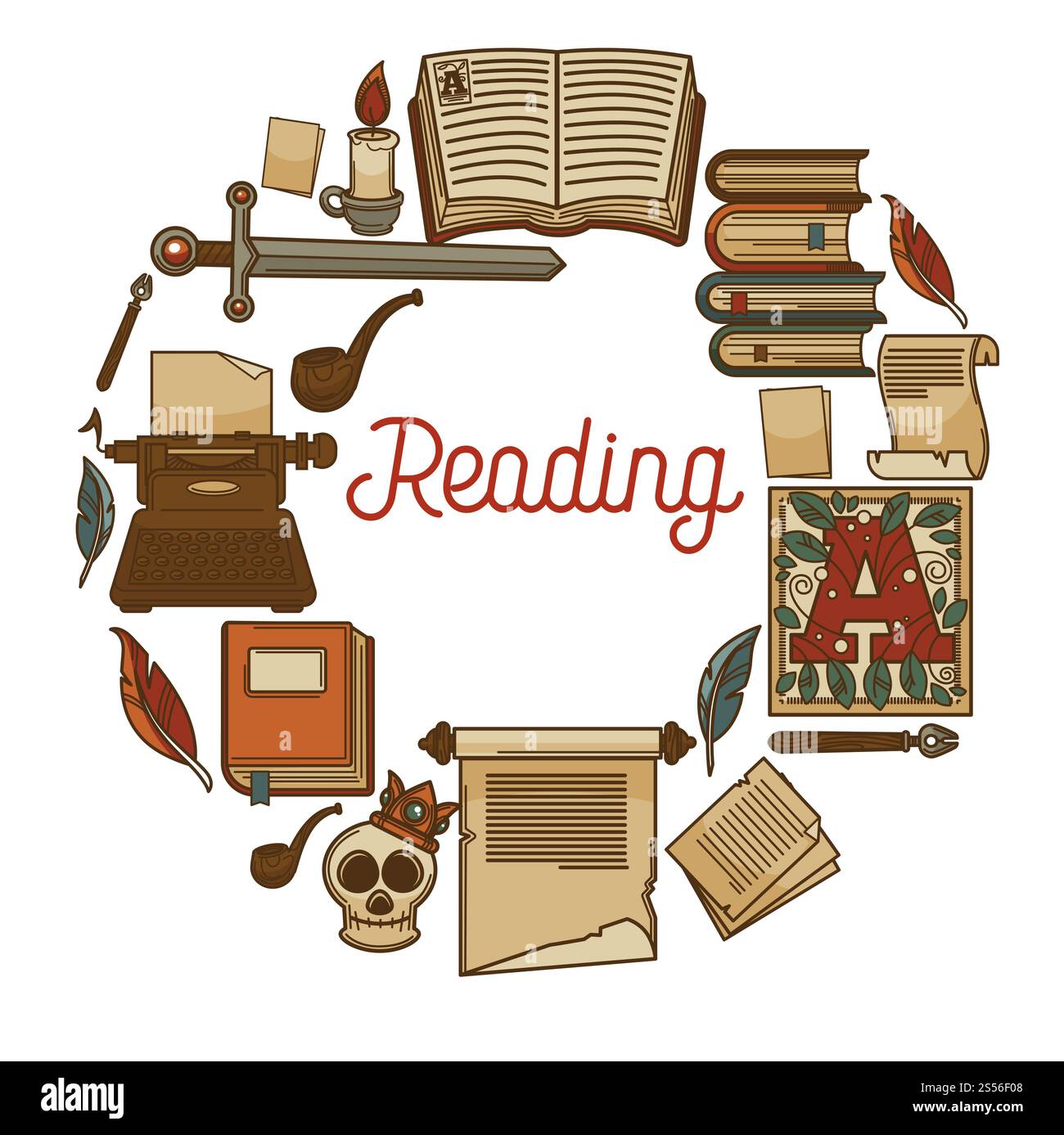 Lesen Sie Werbetexte mit alten Büchern und antiken Reliquien im Kreis um das Schild in Kursivschrift. Volumenstapel, Retro-Schreibmaschine, Schädel mit Krone, Wachskerze und Papierbarren Vektorillustrationen. Lesen Sie Werbetexte mit alten Büchern und antiken Reliquien Stock Vektor