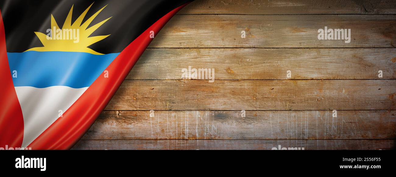 Antigua- und Barbuda-Flagge an der alten Holzwand. Horizontales Panorama-Banner. Antigua- und Barbuda-Flagge auf Vintage-Holzbanner Stockfoto