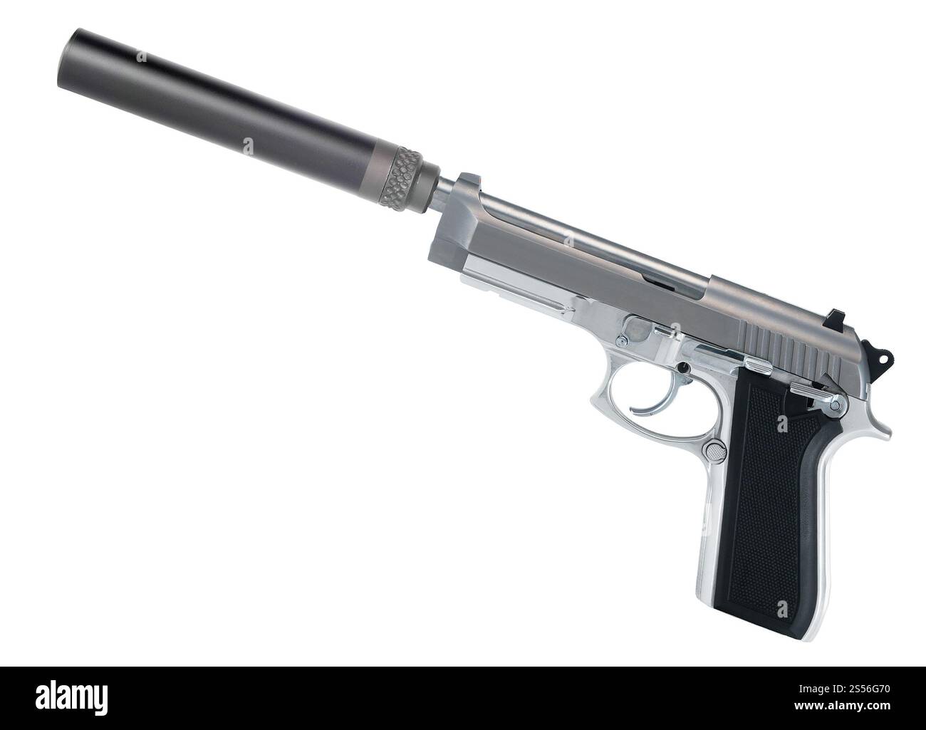Pistole mit einem Schalldämpfer isoliert auf weißem Hintergrund. Pistole mit Schalldämpfer Stockfoto