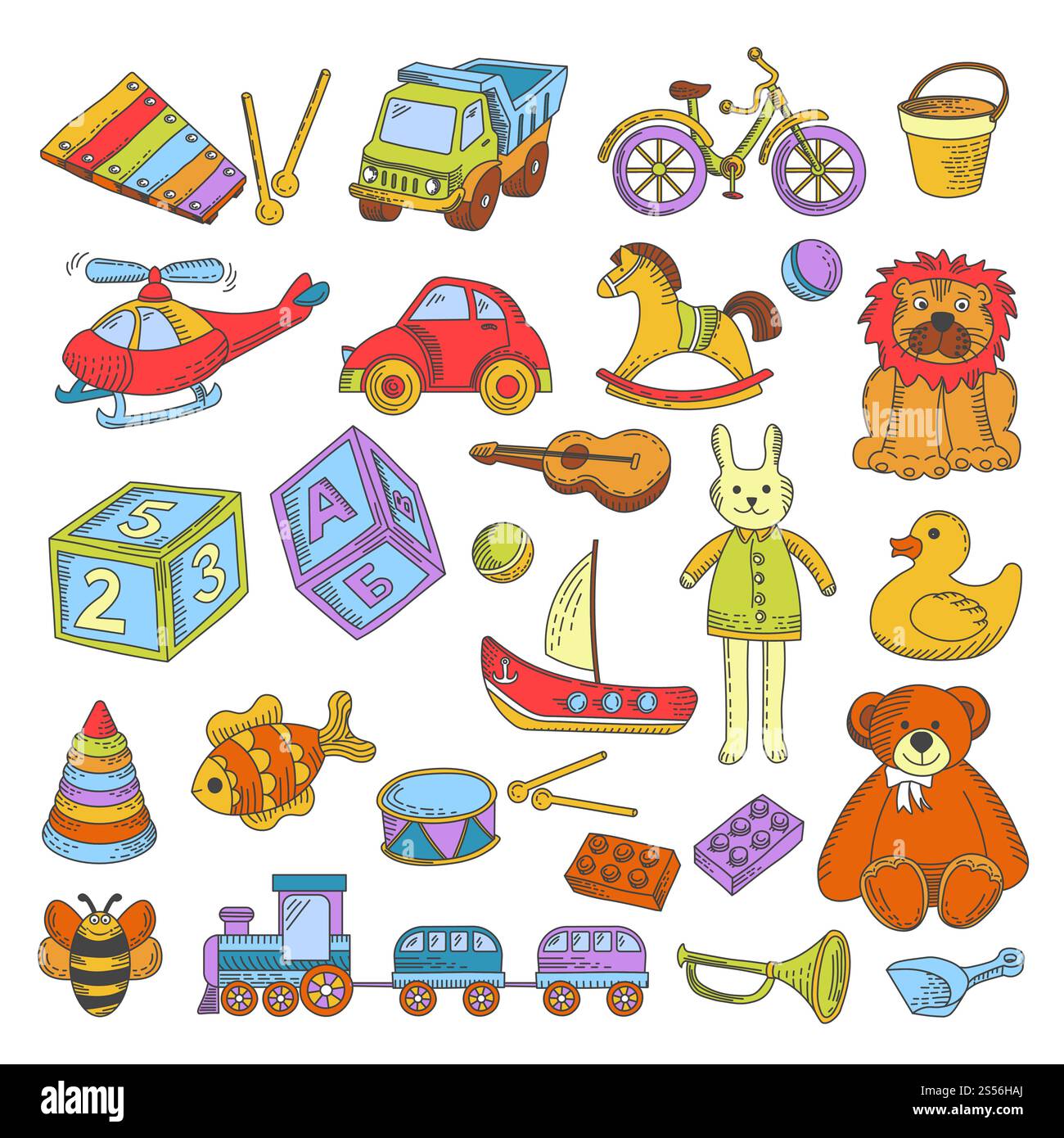 Kinderspielzeug und Kinderspielzeug-Kollektion für Mädchen und Jungen im Kindergarten. Vektor isolierte Symbole Set aus Ball, Puppe oder Auto und Bär mit Kaninchen, Schiff oder Pistole und Rakete oder Panzer und Musikinstrumenten. Kinderspielzeug oder Kinderspielzeug Vector Flat Icons Kollektion Stock Vektor
