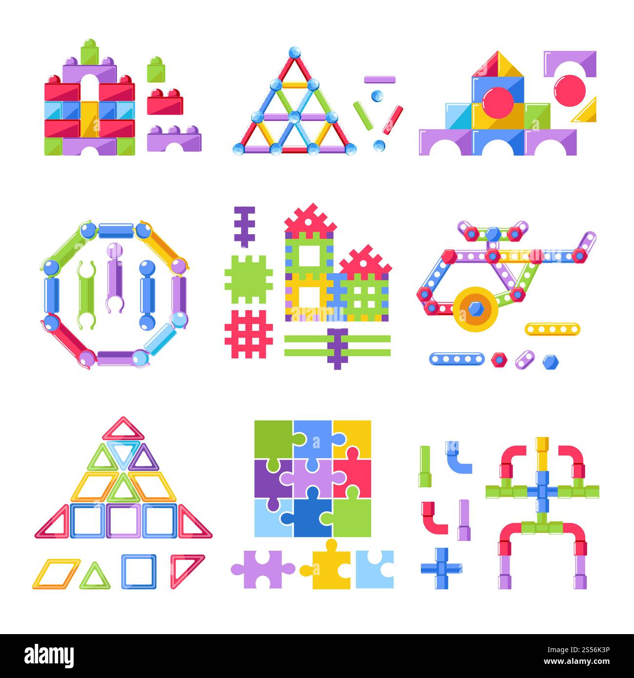 Bausatz für Kinderspielzeug oder flache Symbole für Bauspielzeuge. Vektor isolierter Satz von Bauhaus, Rakete oder Zug und Auto, Hubschrauber oder Flugzeug und Puzzle Rohre. Kinderspielzeug Baukasten für Kinder Spielsachen Vektor flache Symbole Stock Vektor