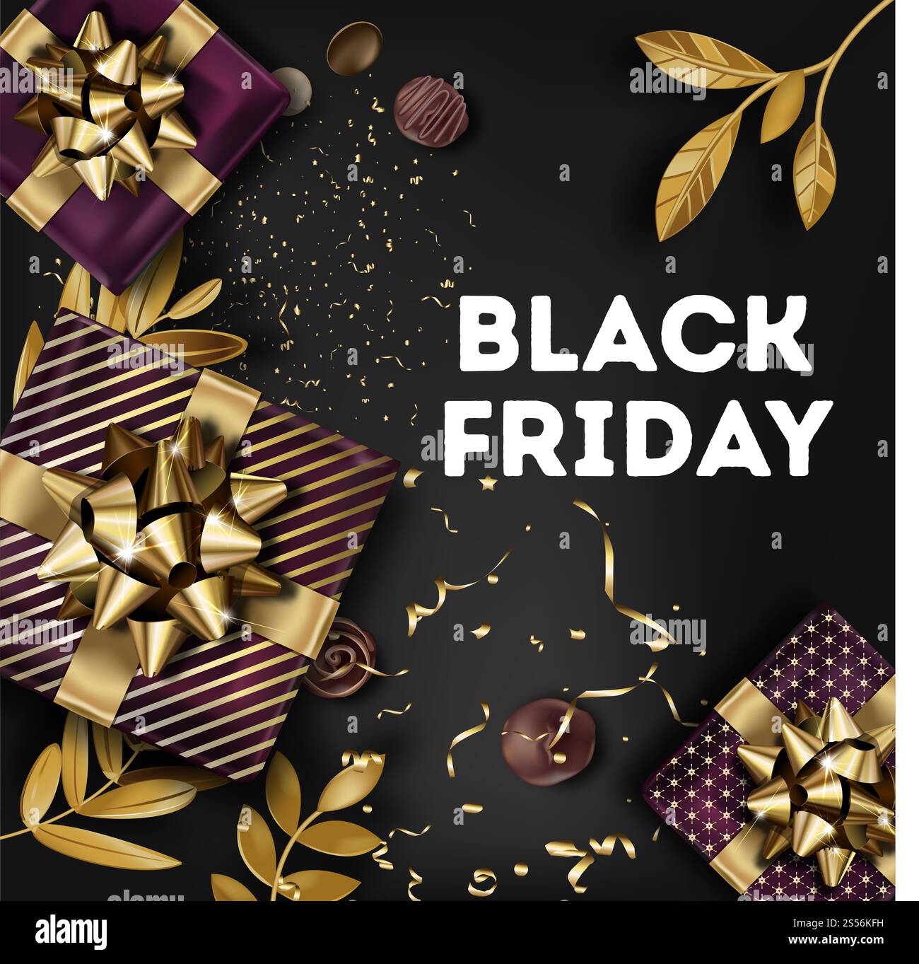 Herbstfahne, schwarzer freitag Herbst-Event. Dekorative Karte mit Geschenken und Schachteln mit Goldbändern. Ornamente und Blätter. Marketing Stockfoto Herbstfahne, schwarzer freitag Herbst-Event. Dekorative Karte mit Geschenken und Schachteln mit Goldbändern. Ornamente und Blätter. Marketing Stockfoto