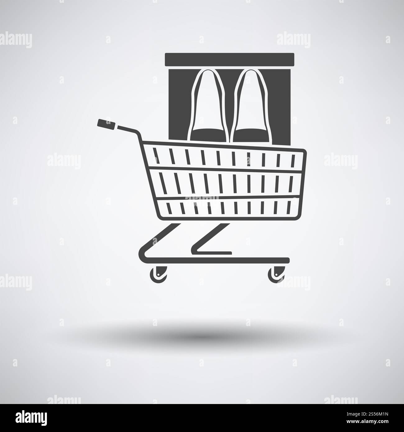 Einkaufswagen Mit Symbol Für Schuhe In Box. Dunkelgrau auf grauem Hintergrund mit rundem Schatten. Vektorgrafik. Stockfoto