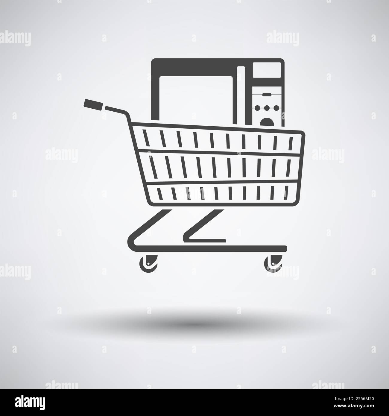 Einkaufswagen Mit Symbol Für Mikrowellenofen. Dunkelgrau auf grauem Hintergrund mit rundem Schatten. Vektorgrafik. Stockfoto