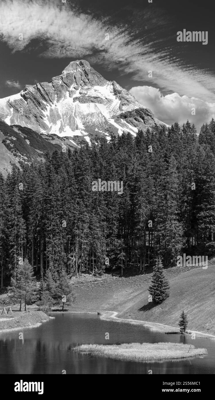 Graustufen. Sommerblick auf den Biberkopf mit tiefblauem Himmel und kleinem Waldsee (Warth, Vorarlberg, Österreich). Zwei Schläge senkrecht zusammenfügen Stockfoto