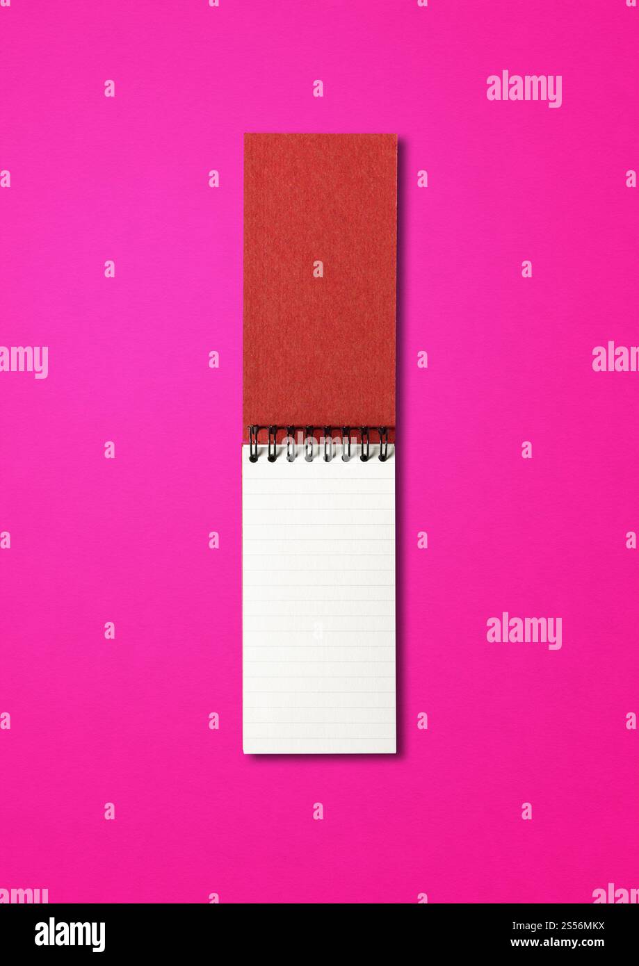 Leeres offenes Spiral-Notizbuch, isoliert auf rosa. Leeres offenes Spiralnotizbuch isoliert auf rosa Stockfoto