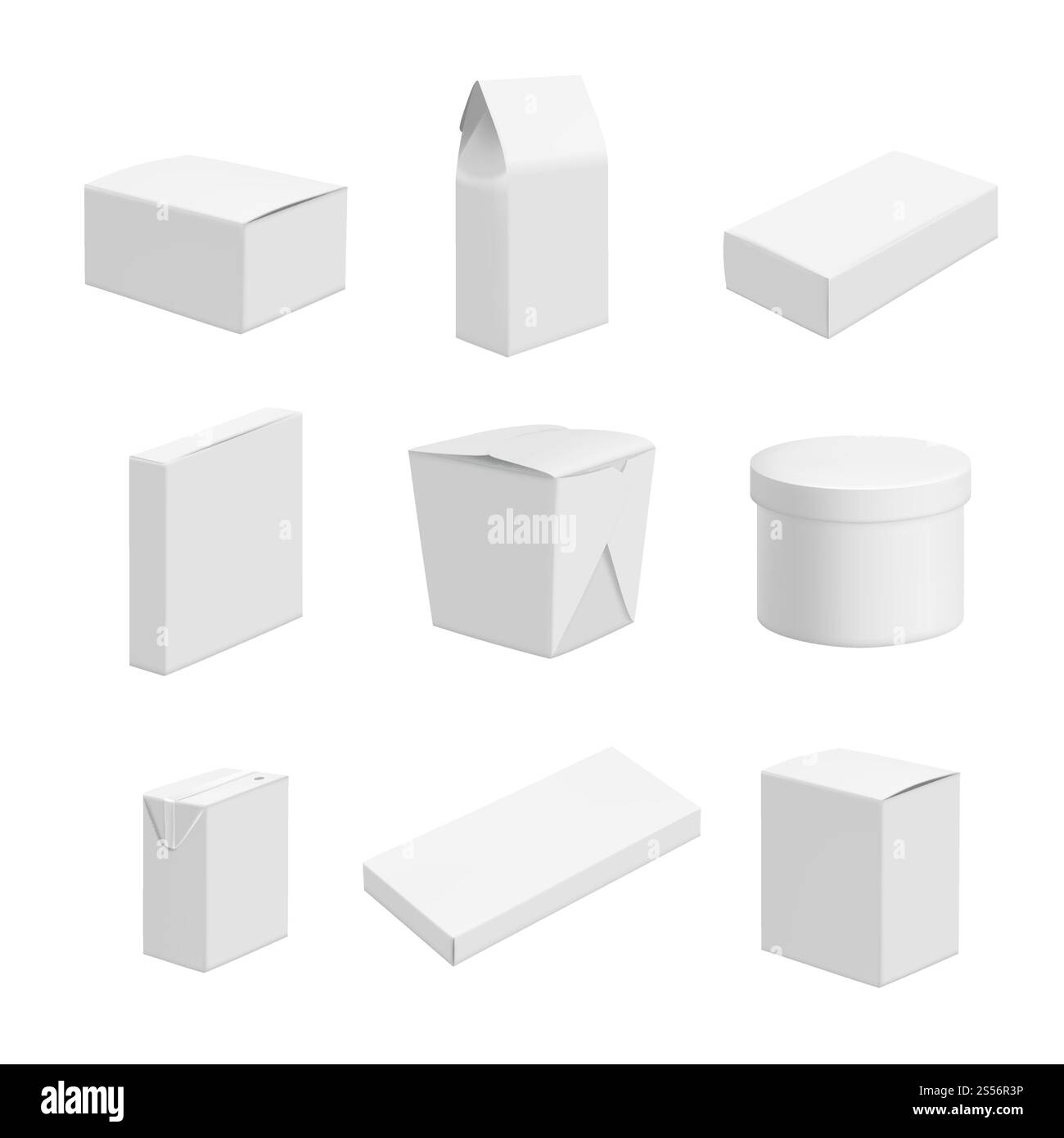 Leere Pakete. Vektordesign verschiedener Lebensmittelverpackungen. Abbildung: Verpackungsbehälter für Lebensmittel, Kartonverpackung für Produkt. Leere Pakete. Vektordesign verschiedener Lebensmittelverpackungen Stock Vektor