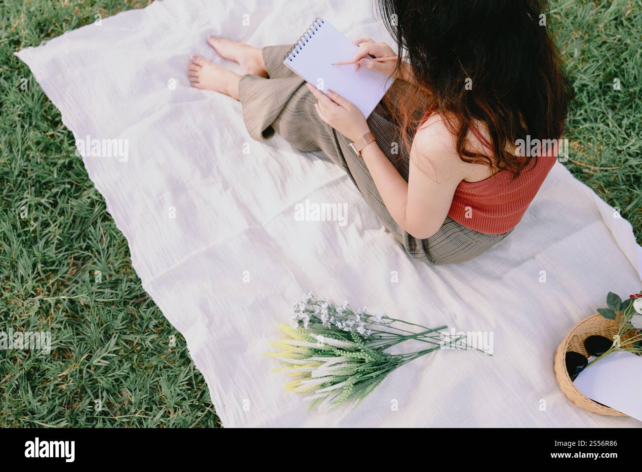 Allein asiatische Frau, die bei einem Picknick im Naturpark draußen am sonnigen Tag den Sommer genießt und träumt Stockfoto