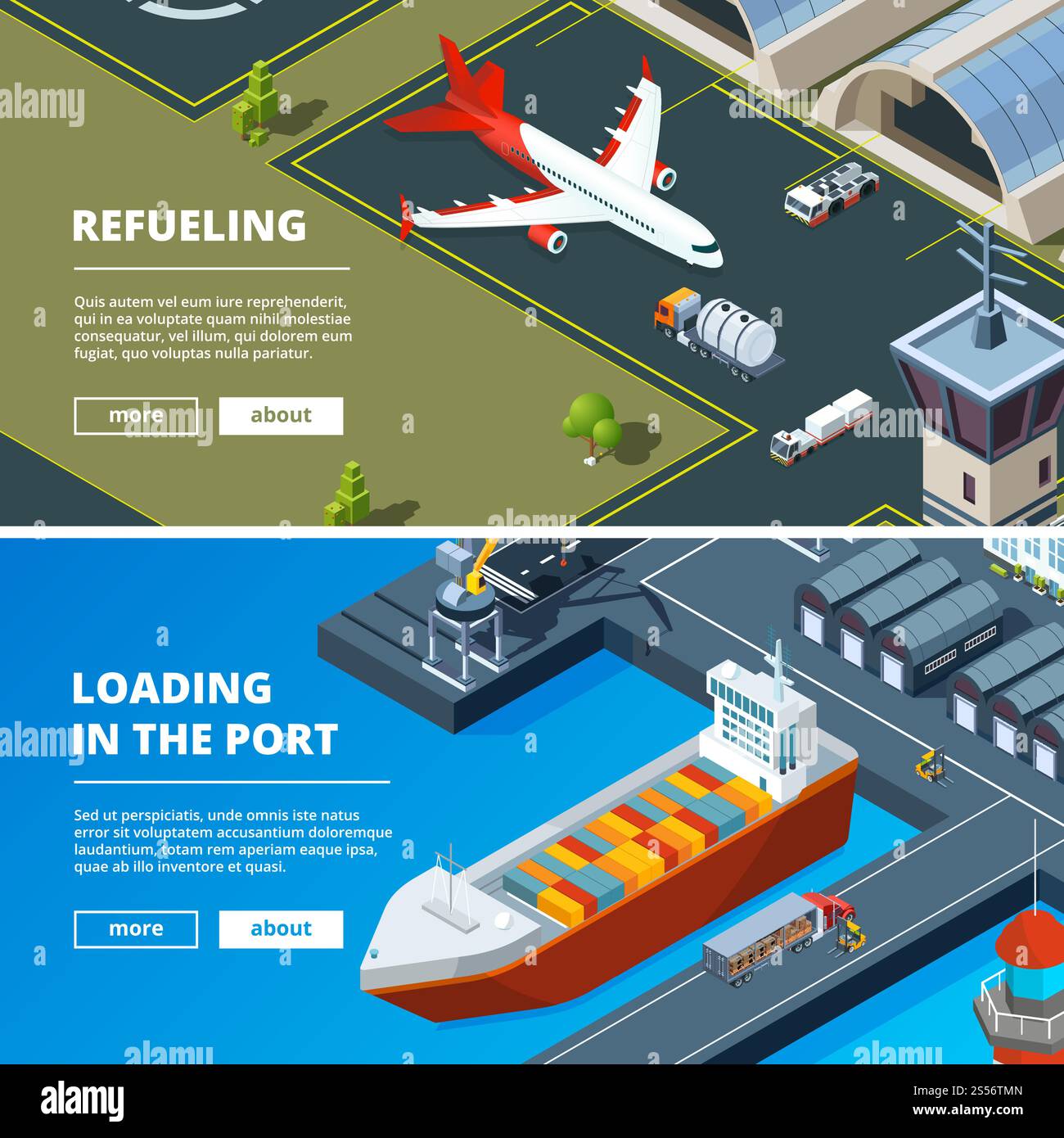 Banner für Frachtkonzept. Horizontale Bilder des Gütertransportes. Transportfracht, Lieferfracht, logistischer Versandcontainer, Transport See- und Luftdarstellung. Banner für Frachtkonzept. Horizontale Bilder des Gütertransportes Stock Vektor