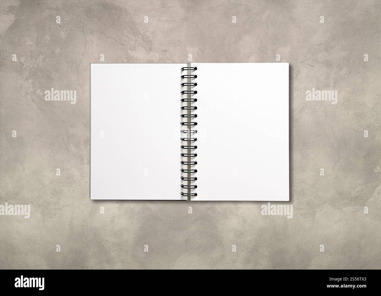 Leeres offenes Spiral-Notizbuch-Modell isoliert auf Betonhintergrund. Leeres offenes Spiralnotizbuch isoliert auf Betonhintergrund Stockfoto