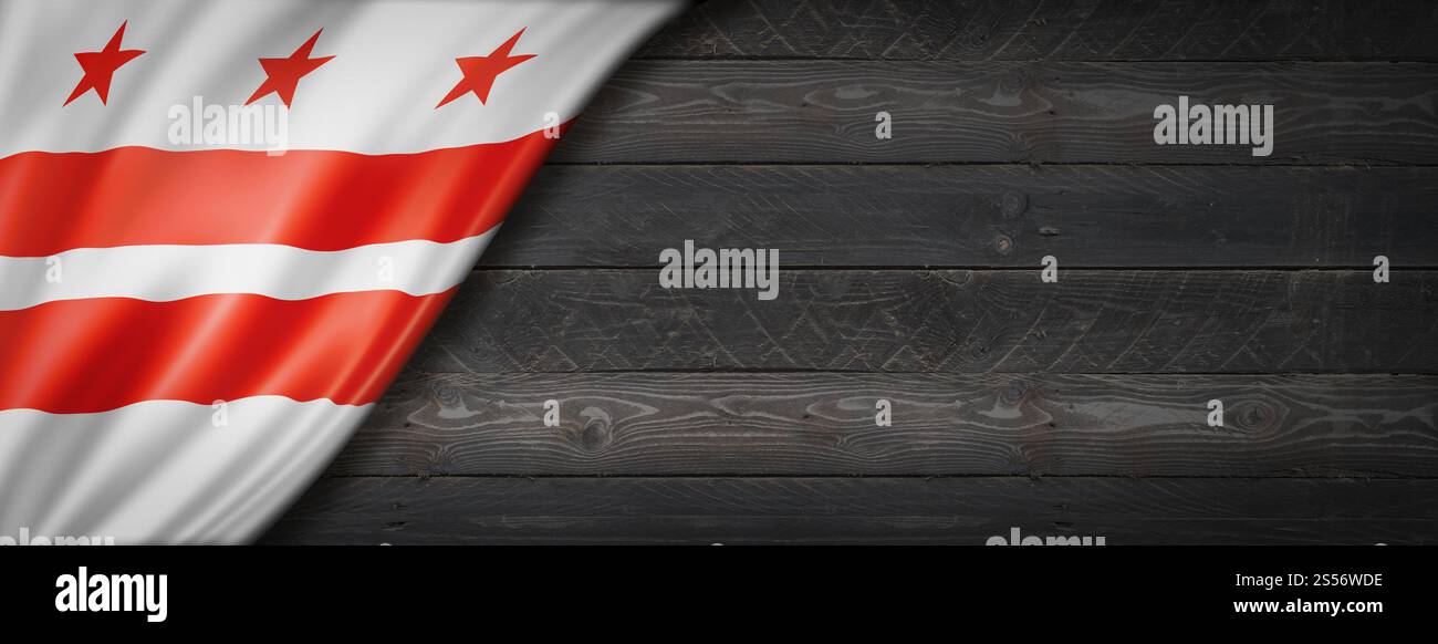Washington, District of Columbia Flagge auf schwarzem Holzbanner, USA. 3D-Abbildung. Washington, District of Columbia Flagge auf schwarzer Holzwand Stockfoto