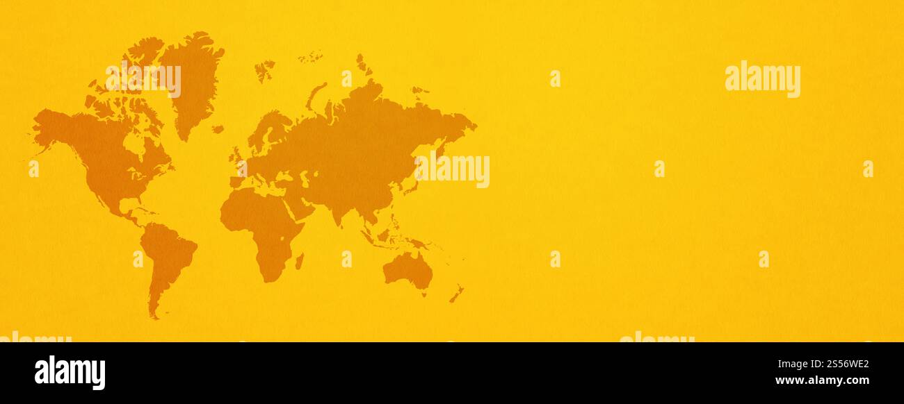 Weltkarte isoliert auf gelbem Hintergrund. Horizontales Banner. Weltkarte auf gelbem Hintergrund. Horizontales Banner Stockfoto