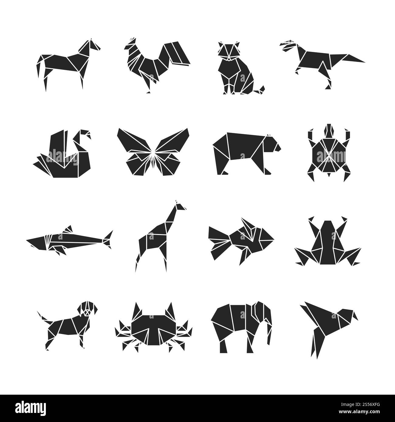 Abstrakte Tiersilhouetten mit Liniendetails. Tiersymbole isoliert auf weißem Hintergrund. Set mit Tattoo Hund und Fisch, Schildkröte und Hahn Illustration. Abstrakte Tiersilhouetten mit Liniendetails. Tiersymbole isoliert auf weißem Hintergrund Stock Vektor