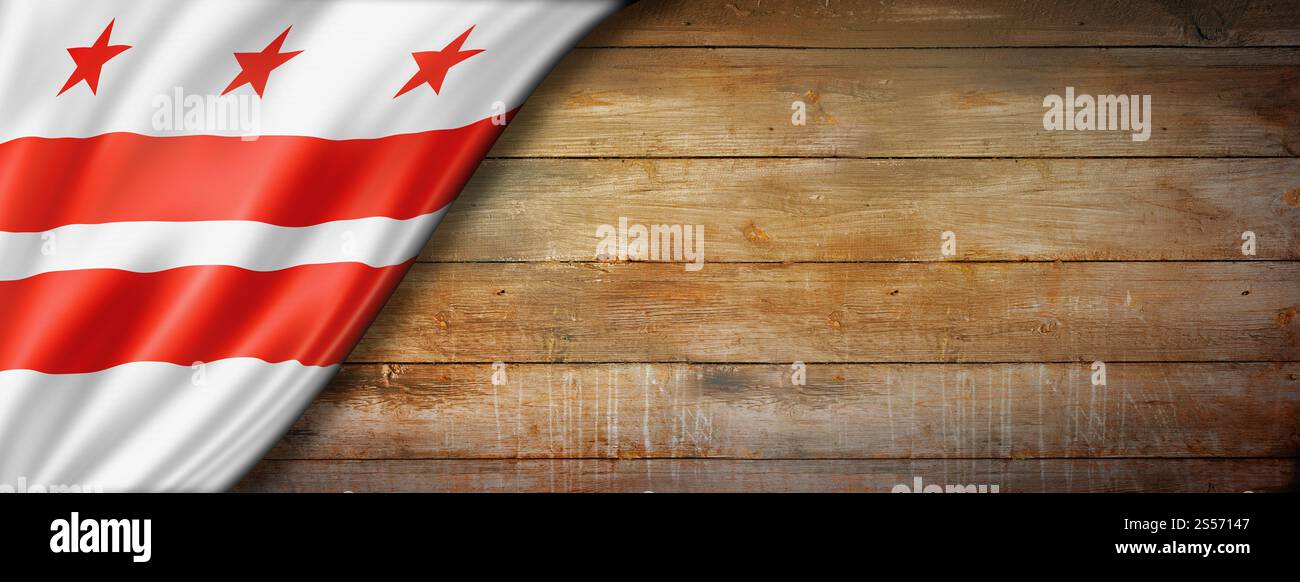 Washington, District of Columbia Flagge auf alten Holzbanner, USA. 3D-Abbildung. Washington, District of Columbia Flagge auf altem Holzbanner, Stockfoto