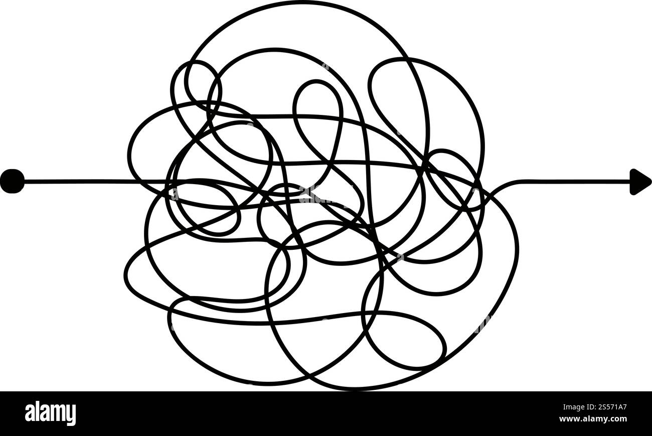 Wahnsinnige, unordentliche Linie. Komplizierter Weg. Verworrener Scribble-Vektorpfad. Chaotische, schwierige Prozessart-Illustration. Wahnsinnige, unordentliche Linie. Komplizierter Weg. Verworrener Scribble-Vektorpfad Stock Vektor