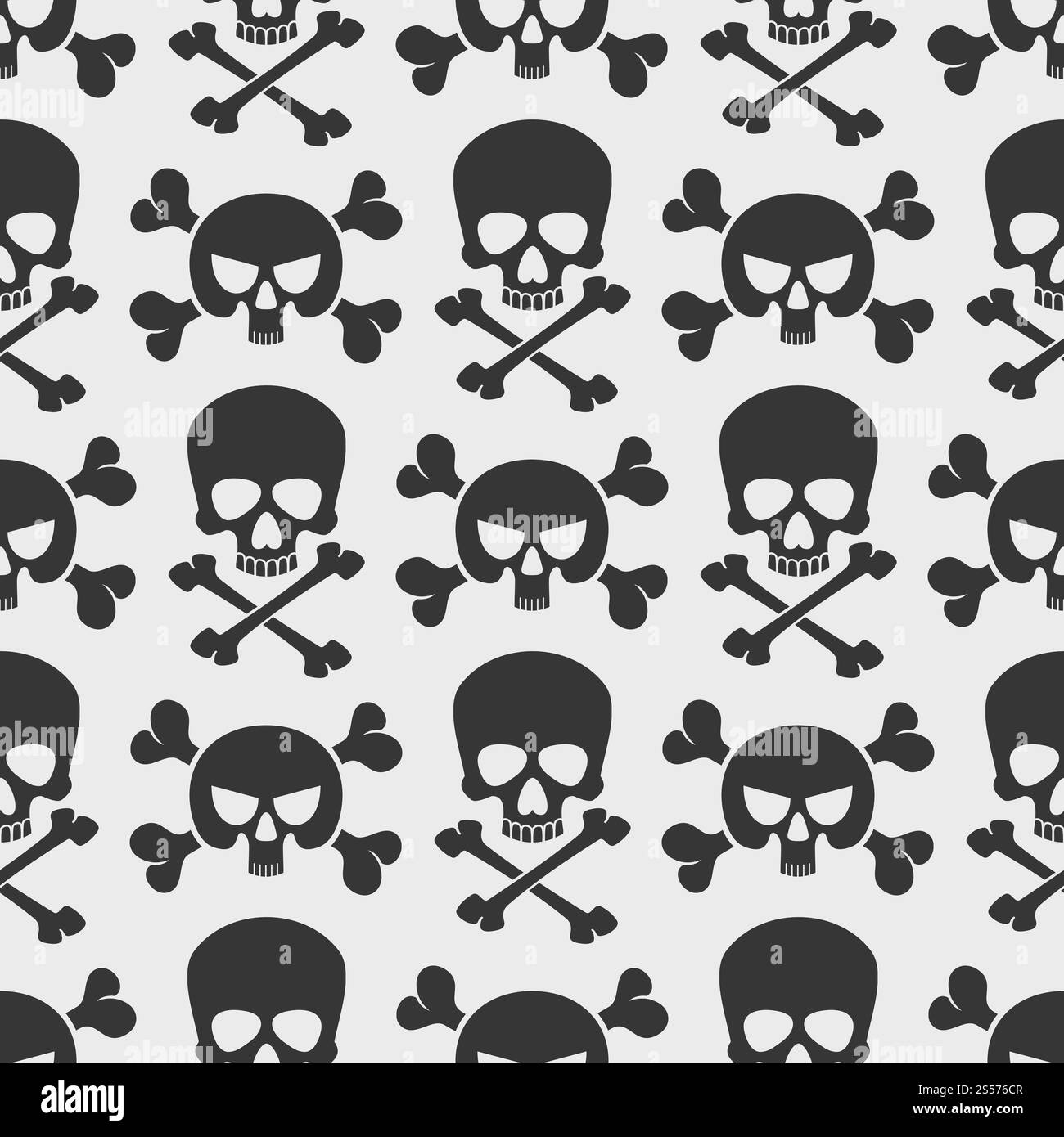Modischer Hintergrund mit nahtlosem Muster und Schädeln und Kreuzknochen. Vektorabbildung. Modische nahtloses Muster mit Totenschädeln und Kreuzknochen Stock Vektor