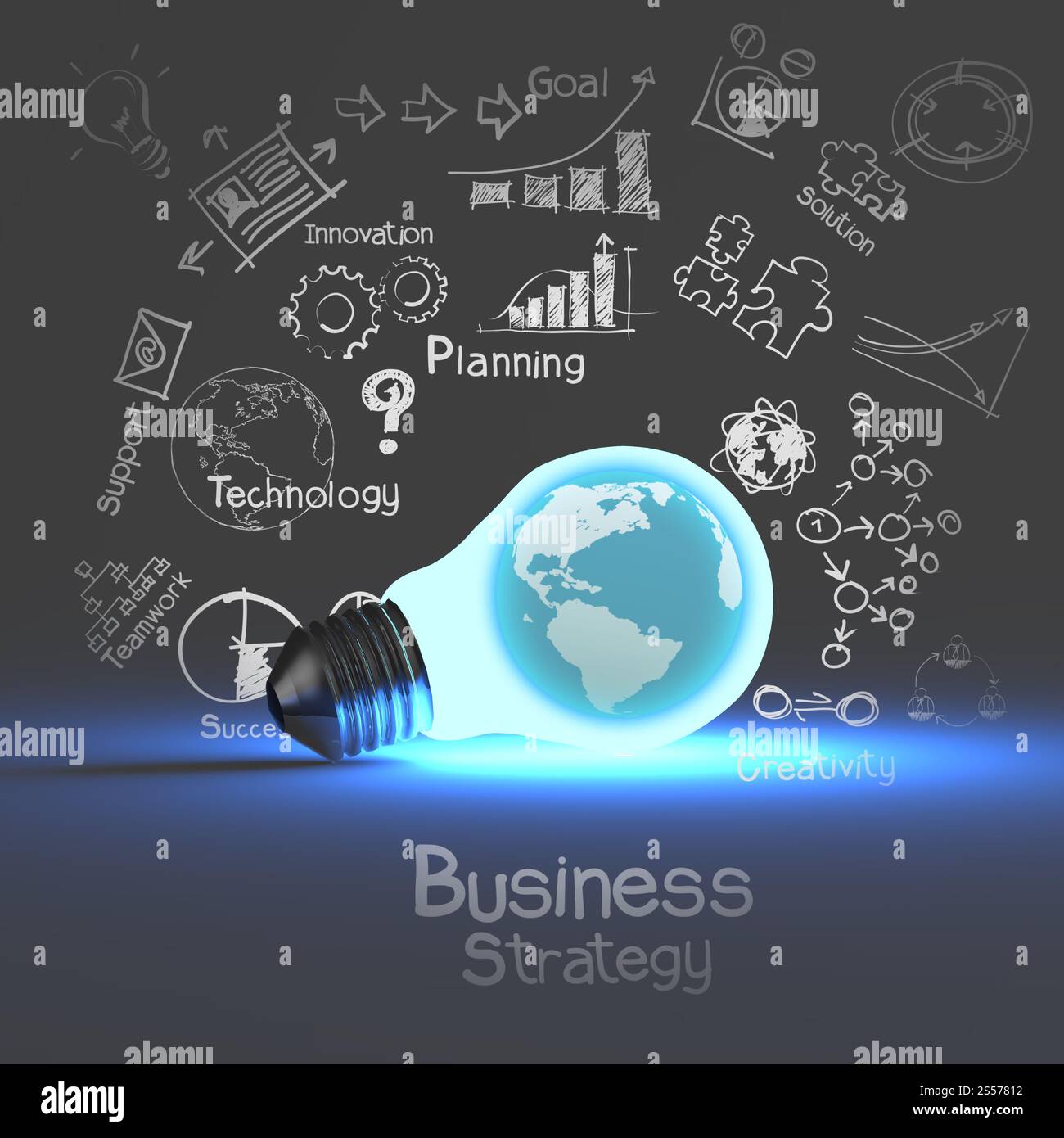Geschäftsstrategie Konzept Welt und Glühbirne. Stockfoto
