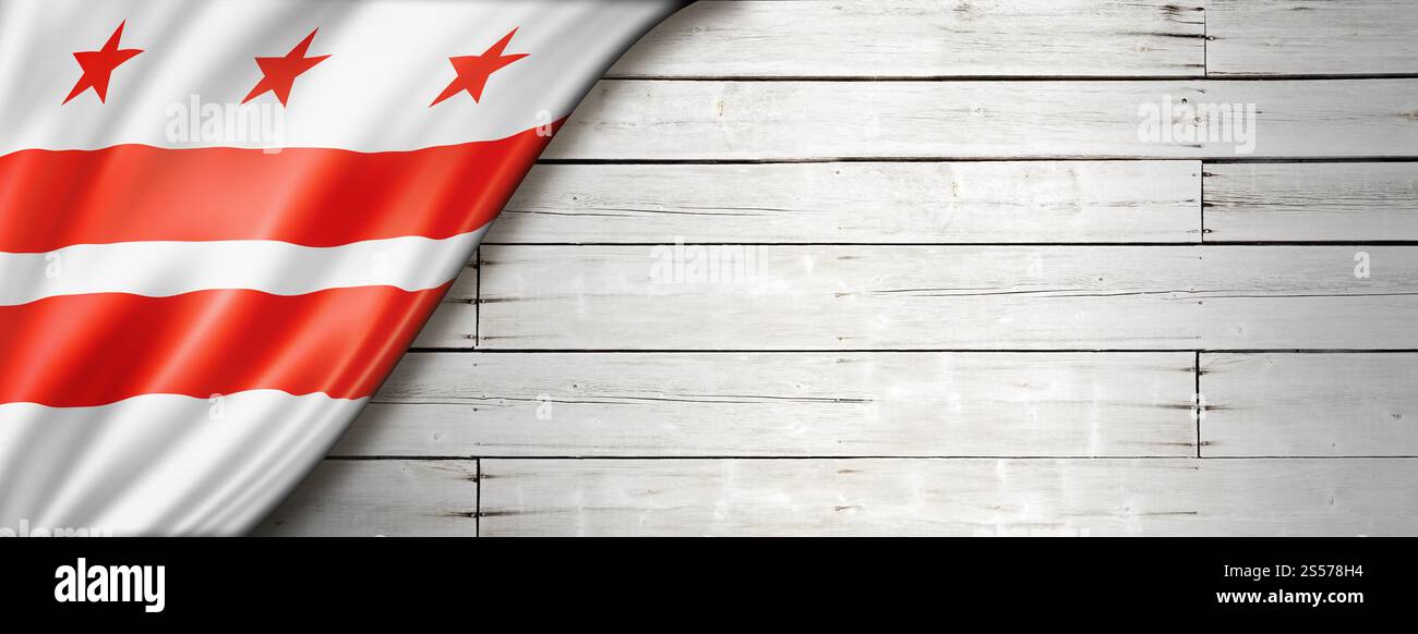 Washington, District of Columbia Flagge auf weißem Holzbanner, USA. 3D-Abbildung. Washington, District of Columbia Flagge auf weißer Holzwand Stockfoto