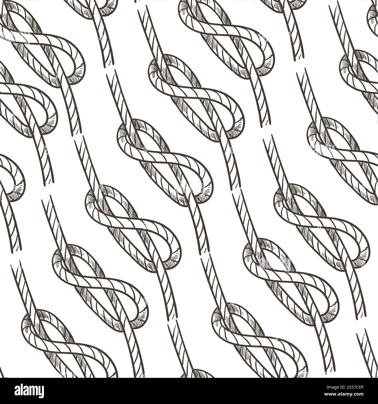 Nahtloses Muster aus gedrehtem Seil, Schlaufen und Knoten, Marine- und nautische Themen. Faden oder Schnur im Kreis, Tauwerk für Segeln und Reisen. Gebundene Schnur, Stockfoto