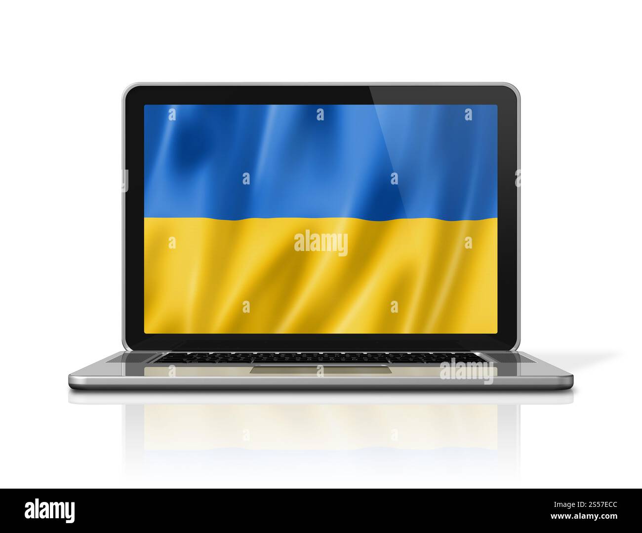 Ukraine-Flagge auf Laptop-Bildschirm isoliert auf weiß. 3D-Illustrationen rendern. Ukrainische Flagge auf Laptop-Bildschirm isoliert auf weiß. 3D-Abbildung Stockfoto