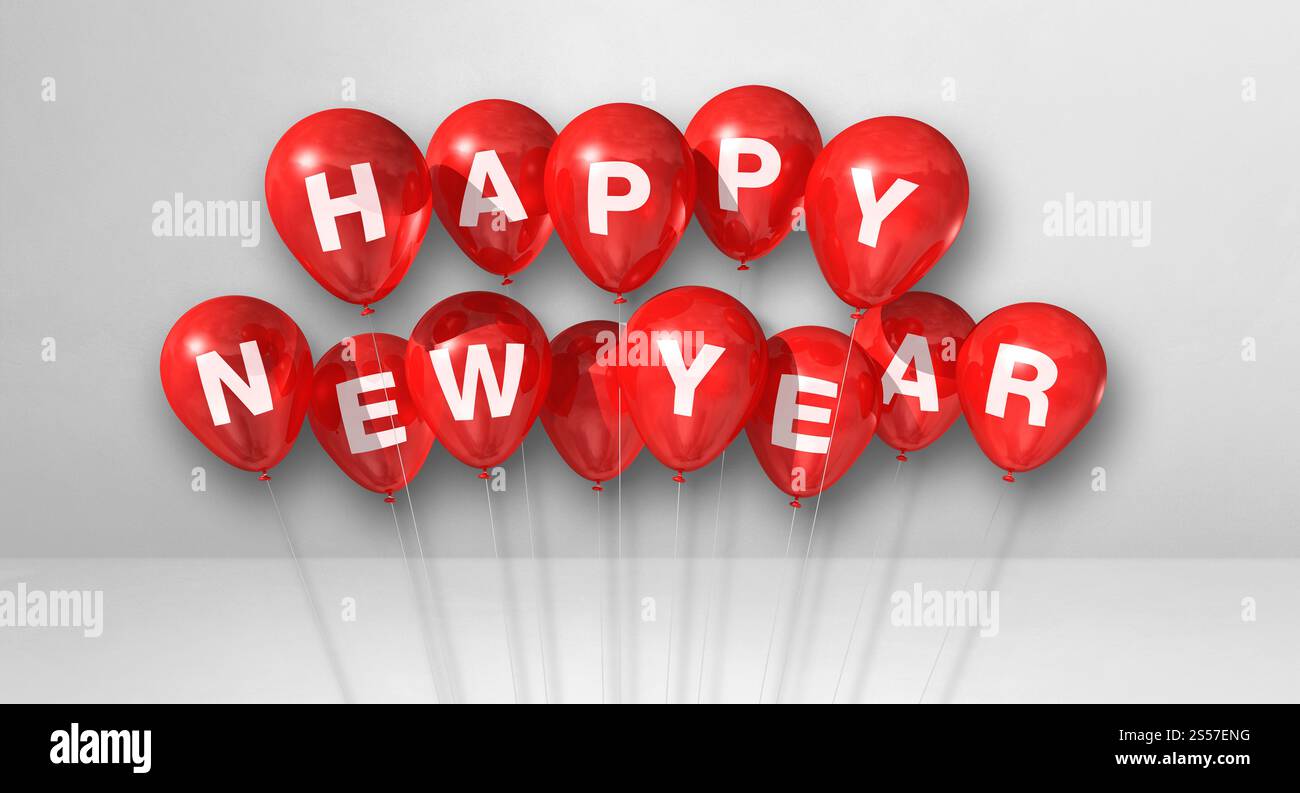 Rote Happy New Year Ballons auf weißem Betonhintergrund. Horizontales Banner. 3D-Illustrationen rendern. Rote Happy New Year Ballons auf einem weiß Stockfoto