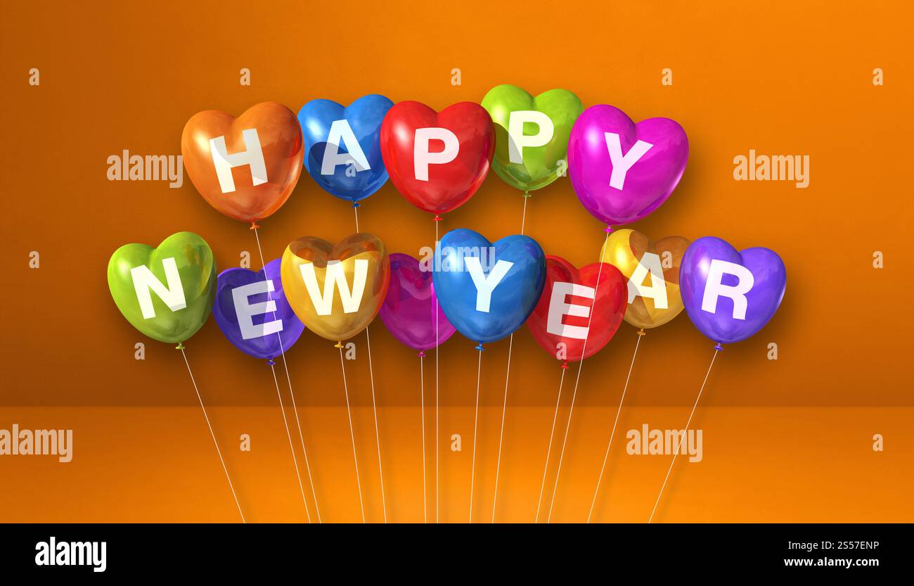 Farbenfrohe Ballons in Herzform auf orangefarbenem Betonhintergrund. Horizontales Banner. 3D-Illustrationen rendern. Farbenfrohe, fröhliche Neujahrsstimmung Stockfoto