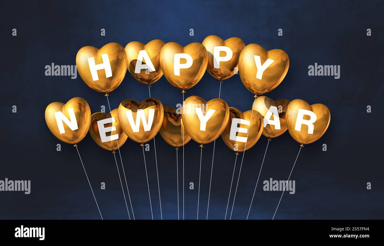 Goldene Ballons in Herzform auf schwarzem Betonhintergrund. Horizontales Banner. 3D-Illustrationen rendern. Goldene Herzform für ein glückliches neues Jahr Stockfoto