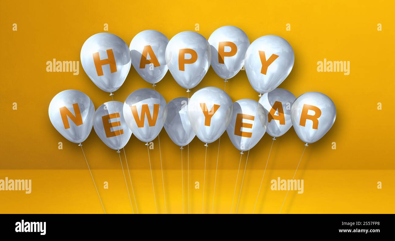 Weiße Happy New Year Ballons auf gelbem Betonhintergrund. Horizontales Banner. 3D-Illustrationen rendern. Weiße Ballons für das neue Jahr auf A Stockfoto