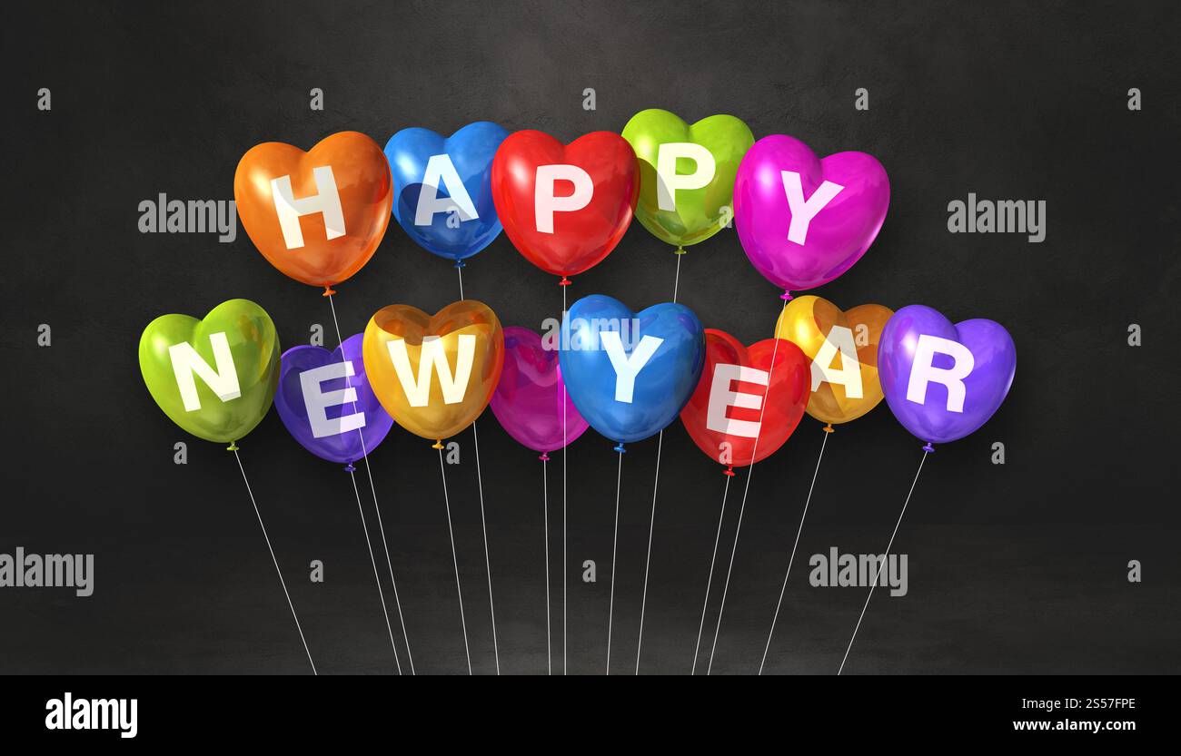 Farbenfrohe Ballons in Herzform auf schwarzem Betonhintergrund. Horizontales Banner. 3D-Illustrationen rendern. Farbenfrohe, fröhliche Neujahrsstimmung Stockfoto