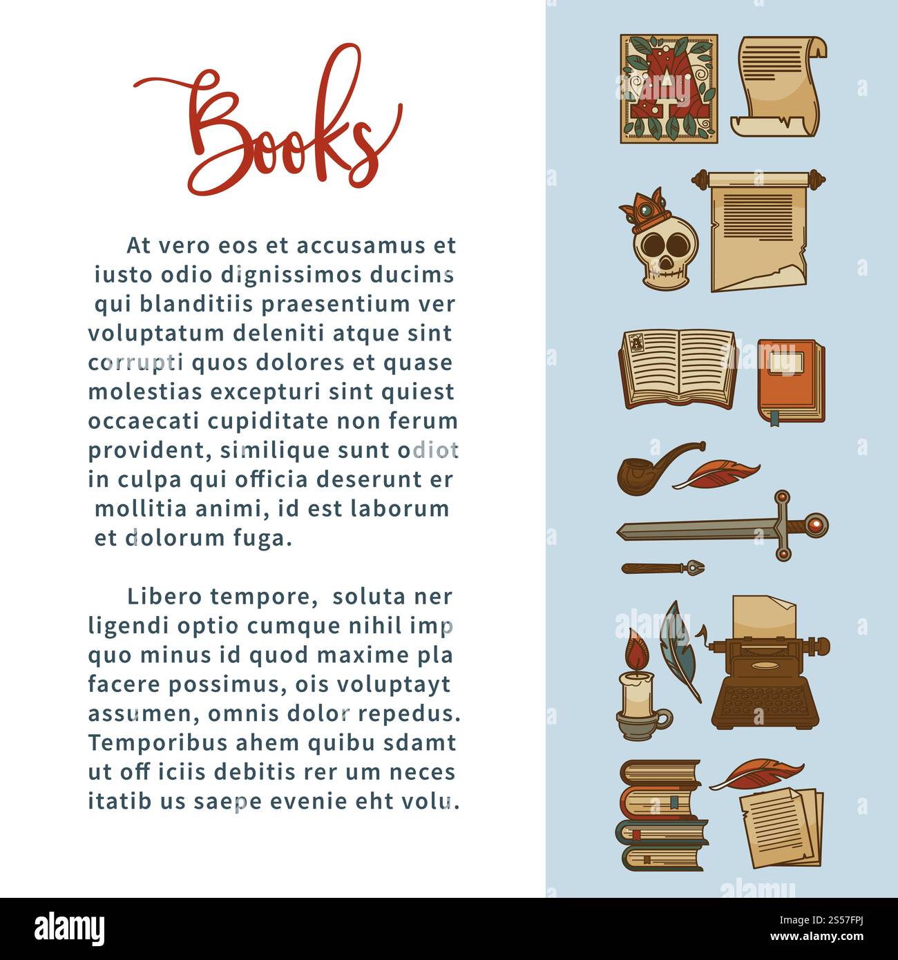 Bücher Poster mit Poesie, in dem der Vintage-Roman Schädel, Schreibmaschine oder Feder und mittelalterliches Abenteuer Schwert oder Schädel gelesen werden. Vektordesign für Buchhandlung oder Buchhandlung und Literaturbibliothek. Bücher Literatur Vektorplakat von Poesie Autor Schreibwaren und Roman oder Detektiv Ikonen Stock Vektor
