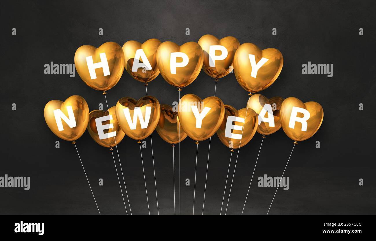 Goldene Ballons in Herzform auf schwarzem Betonhintergrund. Horizontales Banner. 3D-Illustrationen rendern. Goldene Herzform für ein glückliches neues Jahr Stockfoto