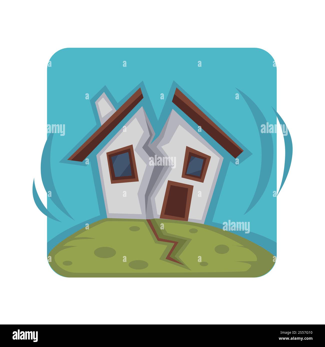 Kleines Haus auf einem Hügel, das wegen eines starken Erdbebens in zwei Teilen ruiniert wurde. Schreckliche Konsequenz der Naturkatastrophe isolierte Zeichentrick-flache Vektor-Illustration der quadratischen Form auf weißem Hintergrund. Kleines Haus in zwei Teilen wegen starken Erdbebens ruiniert Stock Vektor
