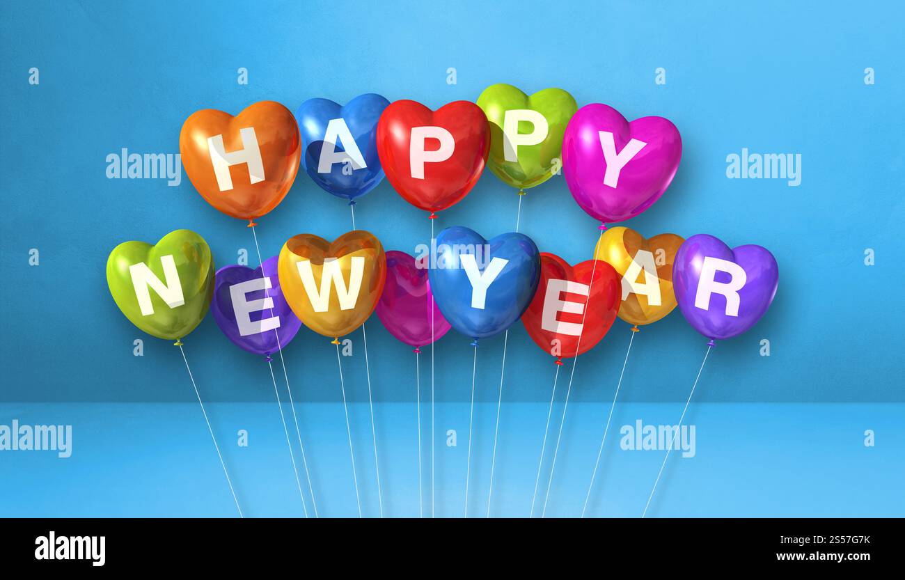 Farbenfrohe Ballons in Herzform auf blauem Betonhintergrund. Horizontales Banner. 3D-Illustrationen rendern. Farbenfrohe, fröhliche Neujahrsstimmung Stockfoto