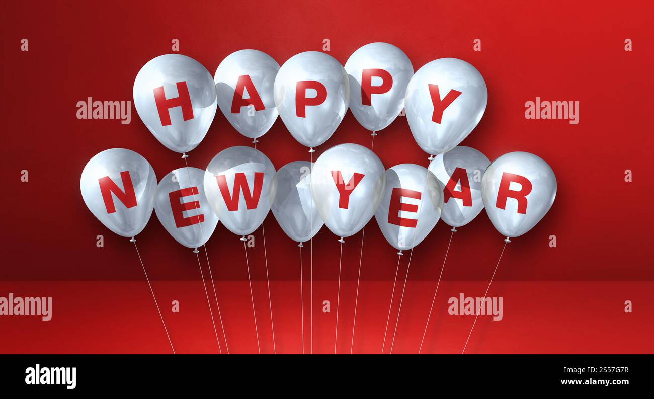 Weiße Happy New Year Ballons auf rotem Betonhintergrund. Horizontales Banner. 3D-Illustrationen rendern. Weiße Ballons für das neue Jahr auf einem Rot Stockfoto