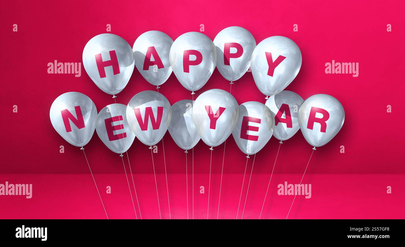Weiße Happy New Year Ballons auf einem rosa Betonhintergrund. Horizontales Banner. 3D-Illustrationen rendern. Weiße Ballons für das neue Jahr auf einem Rosa Stockfoto