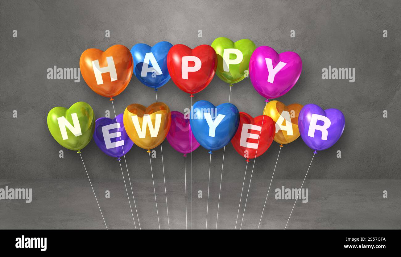 Farbenfrohe Ballons in Herzform auf grauem Betonhintergrund. Horizontales Banner. 3D-Illustrationen rendern. Farbenfrohe, fröhliche Neujahrsstimmung Stockfoto