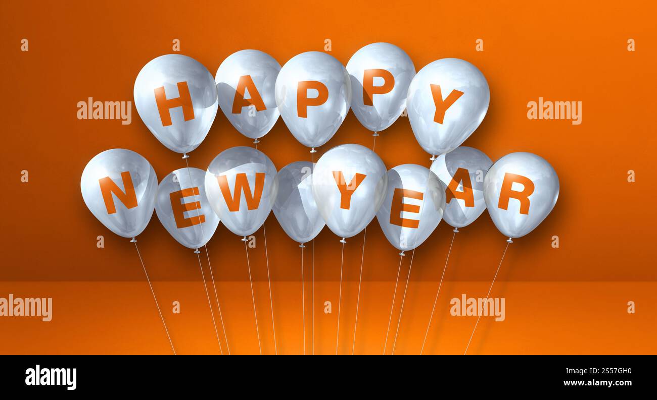 Weiße Ballons zum glücklichen neuen Jahr auf grünem Betonhintergrund. Horizontales Banner. 3D-Illustrationen rendern. Das weiße Happy New Year steht auf Stockfoto